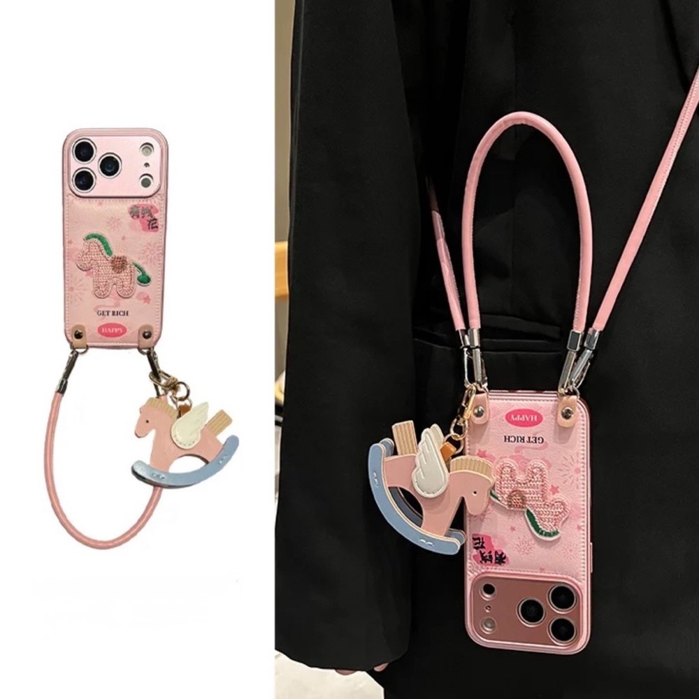 iPhone 17 Pro Max - 3 in 1 Pink Phone Case with Strap and Horse Charm